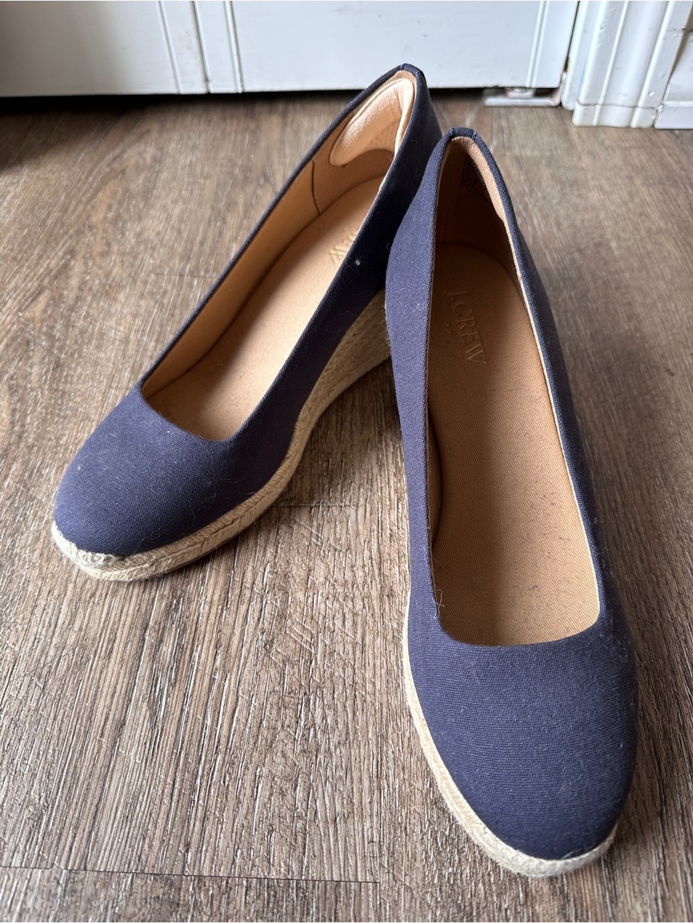 J. Crew Navy Blue Canvas Espadrille Wedge Pumps Classic Slip On Heels 8